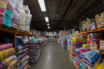 Aufkleber - Step into a vast warehouse filled with a diverse array of vibrant fabrics, showcasing an impressive collection that induces creativity and fosters textile innovation.