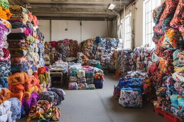 Aufkleber - Explore a vibrant warehouse brimming with stacks of colorful fabrics reflecting creativity and abundance, inviting inspiration and ideas for creative endeavors.