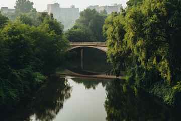 Poster - A simple bridge over a calm body of water, with clean lines and muted colors.