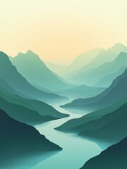 Poster - Stunning mountain range with a winding river showcases a minimalist landscape and ample space for text or design. Generative AI
