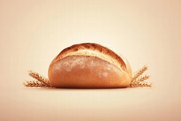 Fototapete - Minimalist bread loaf resting with wheat grains in a neutral setting for text placement and design mockup. Generative AI