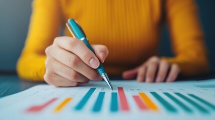 Poster - Businesswoman examining colorful bar graph on paper using pen, concept of business analysis and data visualization
