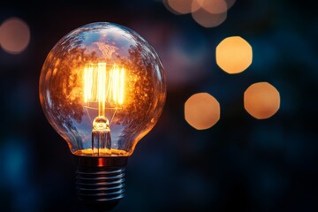 Aufkleber - A glowing light bulb in focus, radiating warm light against a backdrop of blurred bokeh lights, representing ideas and innovation with artistic imagery.