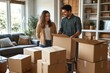 © Rising Monk - Asian couple checking the list of stuff before packing to cardboard for relocation move out of apartment, Generative AI
