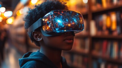 Poster - Black preteen explores virtual reality while surrounded by books in a serene library setting