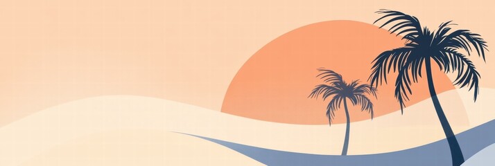 Aufkleber - Palm trees under a vibrant sun with pastel orange and blue gradient sky creating a minimalist tropical atmosphere. Generative AI