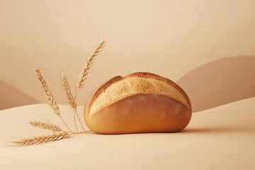Poster - Minimalist bread loaf with wheat grains on a soft beige surface ready for creative text placement. Generative AI