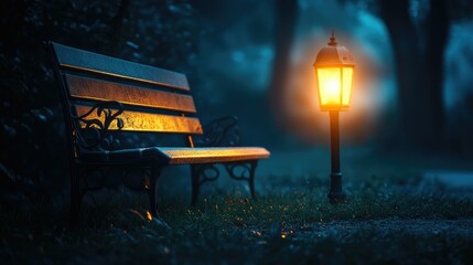 Sticker - A glowing lantern placed near a quiet bench, lighting up a serene bluish night with soft shadows.