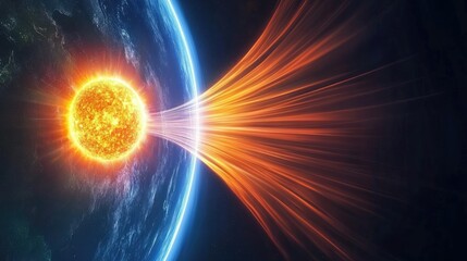 Poster - A glowing solar flare approaching Earth with a visible protective magnetic field deflecting the harmful rays