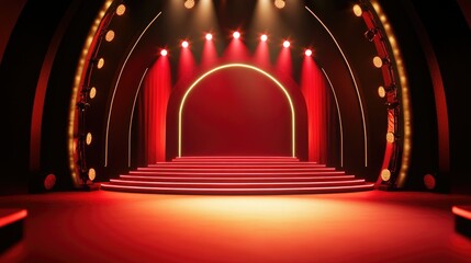 Wall Mural - A grand stage podium illuminated by dramatic lighting, set against a bold red background for an award ceremony.