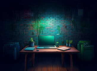 Aufkleber - A dimly lit home office at night.  A laptop sits on a wooden desk amidst plants and books, ideal for remote work.  The brick wall glows with an ethereal light.