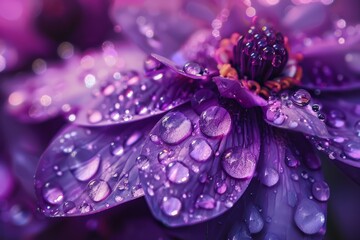 Poster - Macro photography captures glistening water droplets on a vibrant purple flower, highlighting the beauty of nature