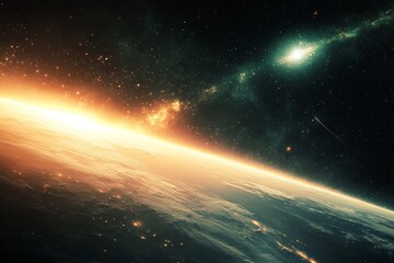 Poster - A breathtaking image of a solar flare eruption illuminating Earth's horizon, contrasted by the deep blackness of space and a distant galaxy glimmering brightly.