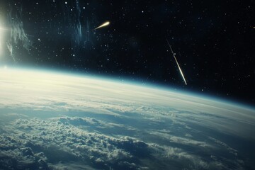 Aufkleber - Several meteors streak across the celestial sphere, their fiery trails illuminating the gentle curvature of a planet enveloped in clouds, bridging earth and sky.