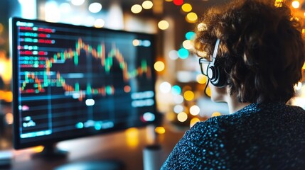 Poster - Engaged trader analyzing stock market trends in a modern workspace with colorful lights