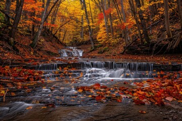 Poster - Vibrant autumn leaves dance in a gentle breeze creating a colorful tapestry in a serene natural setting