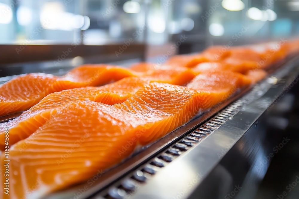Fresh salmon fillets laid out neatly on a conveyor belt in a processing ...