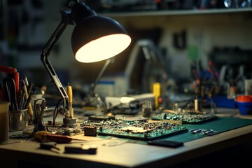 Aufkleber - A warmly lit workspace features a variety of electronic components and circuit boards on a workbench, highlighting the tools and creativity of an engineer.