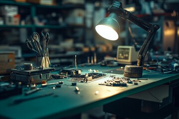 Aufkleber - A cluttered workbench with electronic components under a desk lamp, indicating a workspace for engineering, design, or electronic repairs in a busy workshop environment.