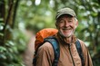 © ChaoticMind - Senior man in brown hiking attire with orange backpack, walking through dense forest, expressing contentment, nature connection, and active lifestyle.
