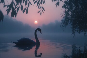 Aufkleber - A solitary swan is silhouetted against a misty twilight sky, creating a mystical and tranquil scene as the gentle light softens the serene waterscape.