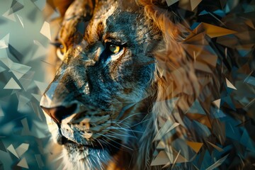 Poster - Close up of a majestic lion combined with abstract geometric shapes, creating a visually striking effect