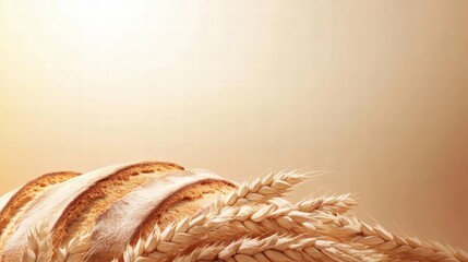 Poster - Minimalist bread loaf with wheat grains on a neutral background for culinary designs and templates. Generative AI