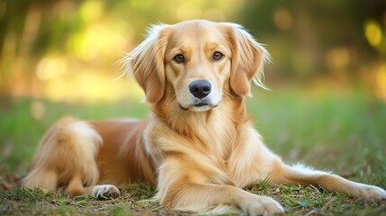 Poster - Golden Retriever Lying on Grass in Sunlit Field Portrait : Generative AI