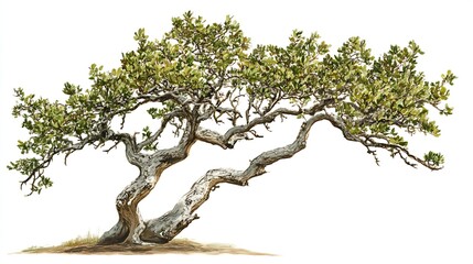 artistic illustration of ancient windswept tree with twisting branches and dense foliage in a natura