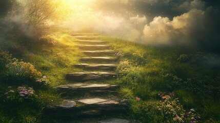 Wall Mural - A peaceful scene of a stone stairway winding through a meadow, leading into a heavenly light