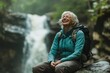 © ChaoticMind - An elderly woman sits joyfully by a beautiful waterfall, wrapped in a teal jacket and backpack, savoring the serenity and adventures of the natural world.