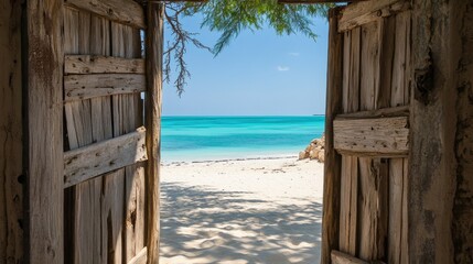 Poster - A peaceful tropical beach scene viewed through a rustic wooden door, with white sand and turquoise waters stretching into the horizon