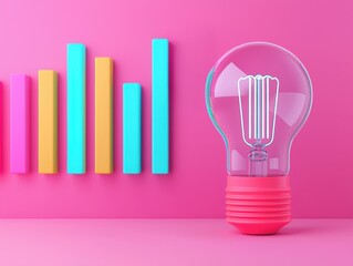 Poster - Transparent light bulb with visible filament resting beside colorful rectangular blocks on a pink background, symbolizing innovation