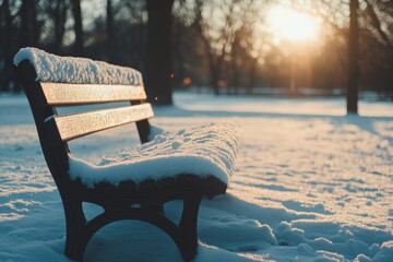 Aufkleber - A snow-covered bench in a park during sunrise, with soft golden light casting a peaceful glow over the winter landscape. Trees form a tranquil backdrop in quiet serenity.