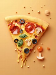 Poster - Stylized pizza slice with colorful toppings and cheese drips on a minimalist backdrop. Generative AI