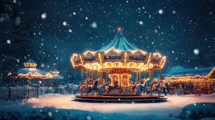 Canvas Print - A peaceful winter night with a glowing carousel at the center of a snowy carnival under a dark, starry sky