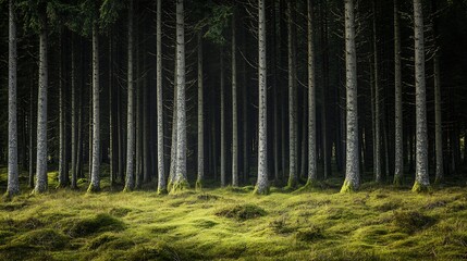 Poster - Dense Forest with Mossy Floor and Tall Trees in Natural Sunlight : Generative AI