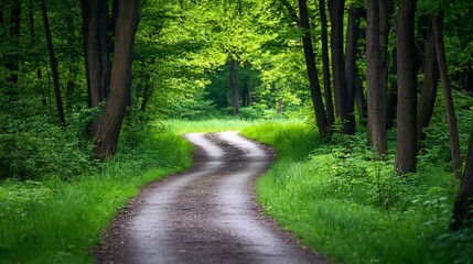 Poster - Tranquil Forest Pathway with Lush Greenery and Winding Trail : Generative AI