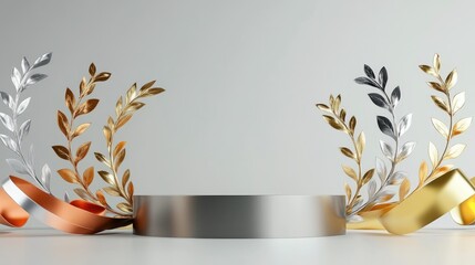 Wall Mural - A polished podium featuring golden, silver, and bronze laurel wreaths with vibrant ribbons, set against a neutral gray background.