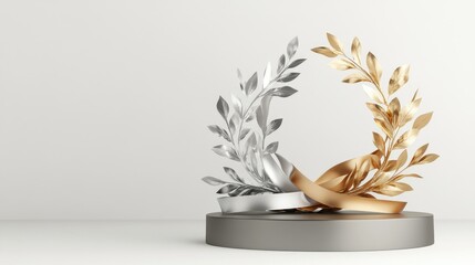 Wall Mural - A polished podium featuring golden, silver, and bronze laurel wreaths with vibrant ribbons, set against a neutral gray background.