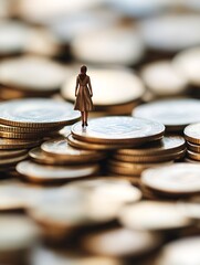 Poster - Miniature Woman Standing on Coins Symbolizing Money Management and Financial Growth : Generative AI