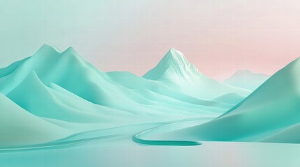 Poster - Winding river flows through a serene mountain range in a minimalist setting with ample space for text. Generative AI