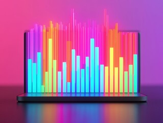 Poster - Colorful neon bar graph displayed on a laptop screen, representing growth, innovation, and technological advancement in a vibrant digital environment
