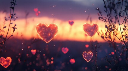 Sticker - A romantic scene with floating heart shapes glowing softly, set against a serene evening sky.