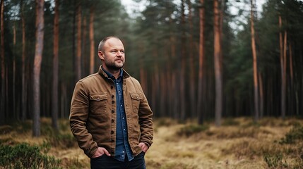 Aufkleber - Handsome Man Standing in Open Forest Clearing Surrounded by Tall Pines in Casual Outdoor Attire : Generative AI