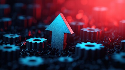 Aufkleber - Blue arrow pointing upwards surrounded by gears, representing growth strategy, innovation and industrial progress