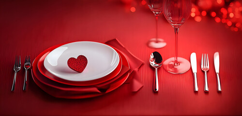 Red table setting cutlery for valentines days dinner