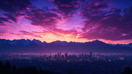 Canvas Print - A serene night view of a city skyline, under a vibrant and colorful sky with mountains creating a perfect backdrop.