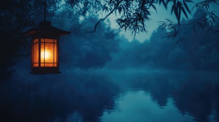 Wall Mural - A serene nightscape featuring a glowing lantern, its warm light piercing through a bluish haze.