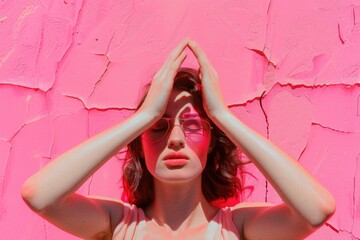 Wall Mural - Young caucasian female posing against vibrant pink textured wall